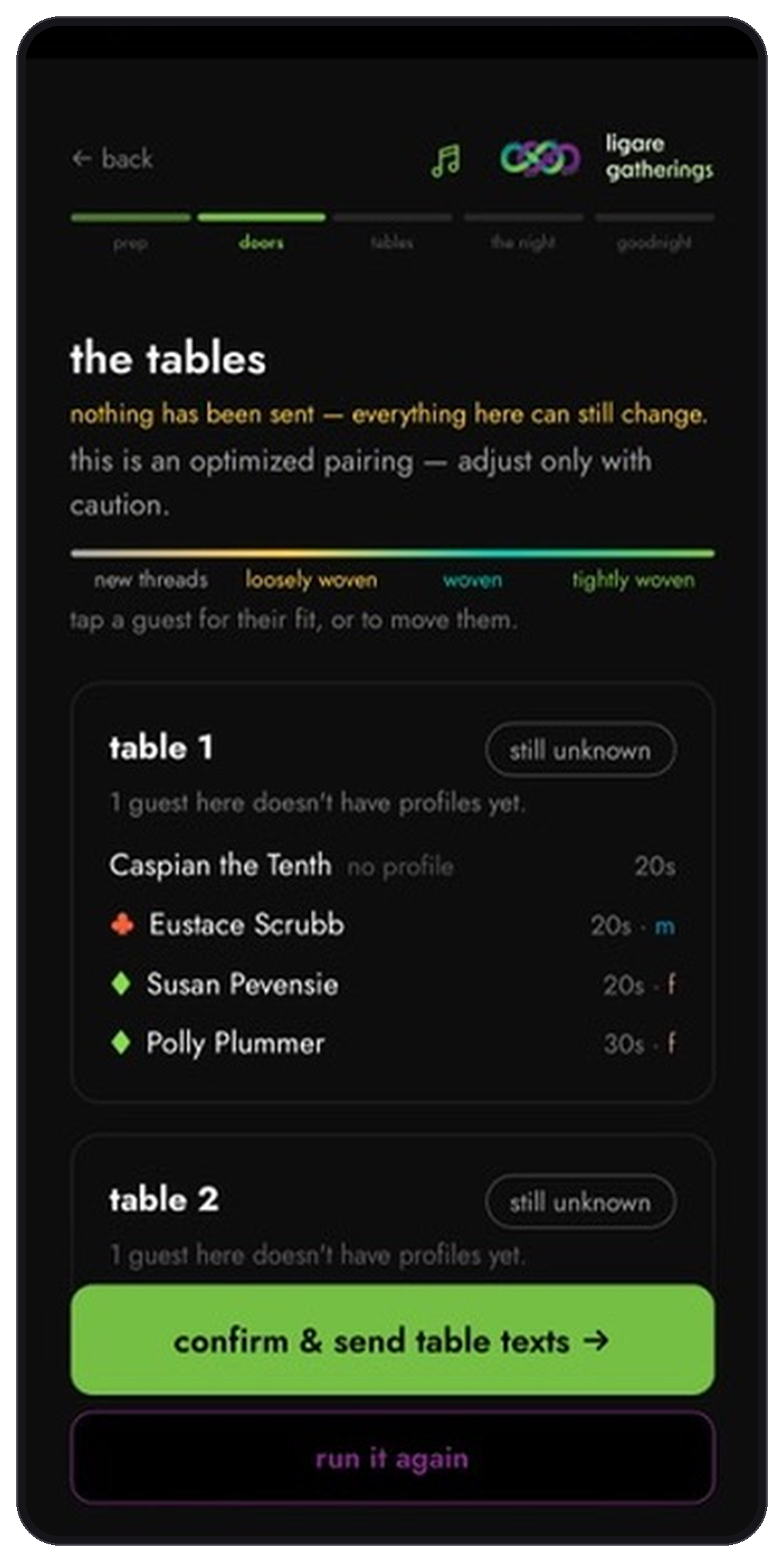 The app pairing guests into tables, showing how woven each table is