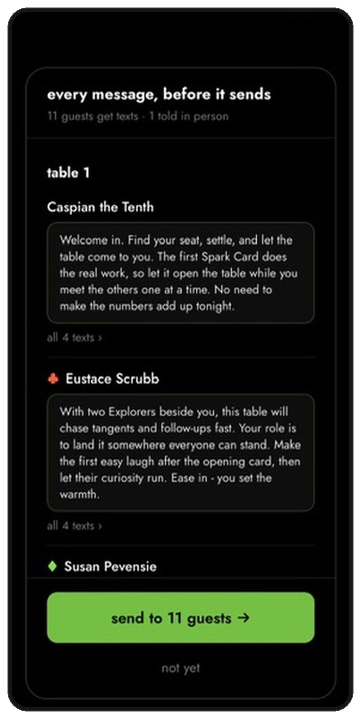 The app showing the personalized text each guest receives, with their role at the table