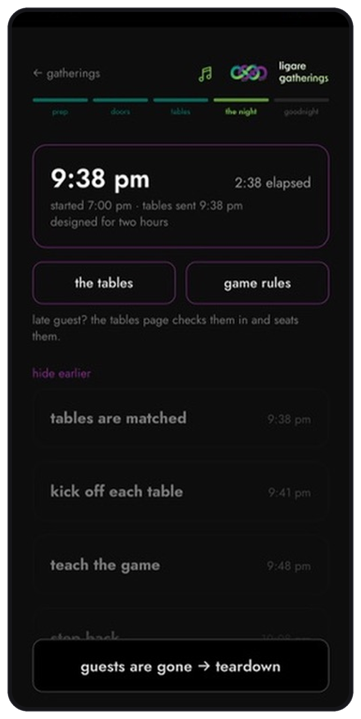 The app's live timeline guiding the host through the evening with timed cues